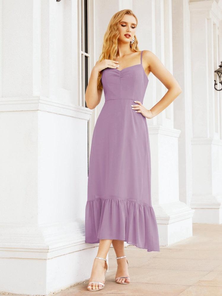 Numbersea Women Strap Chiffon Bridesmaid Dress Ankle Length Sleeveless Blackless Ruffle A Line