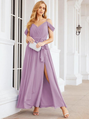 Numbersea Off The Shoulder Chiffon Bridesmaid Dress Long Formal Graduation Gown with Cowl Back 28069-numbersea