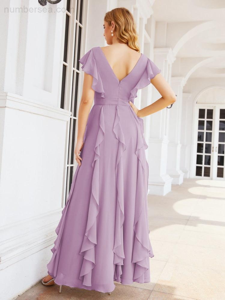 Ruffled Bridesmaid Dresses with Sleeves Long Formal Party Dress 28041-numbersea
