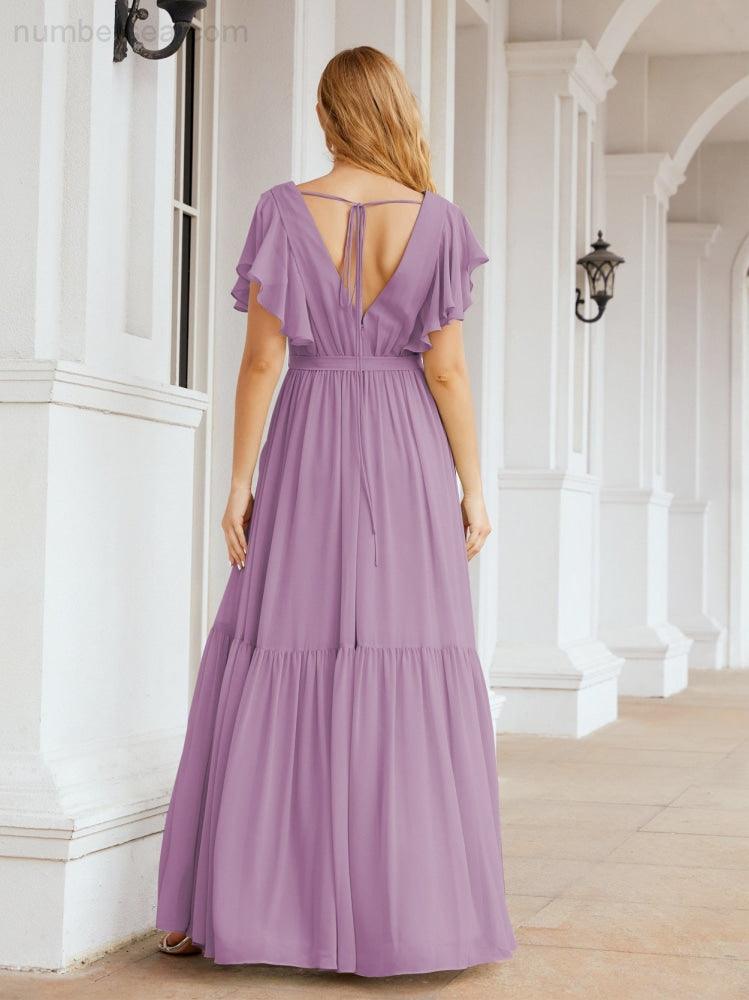 Numbersea Women's Open Back Formal Evening Party Prom Gowns V-Neck Long Chiffon Bridesmaid Dresses with Waist Belt 28038-numbersea