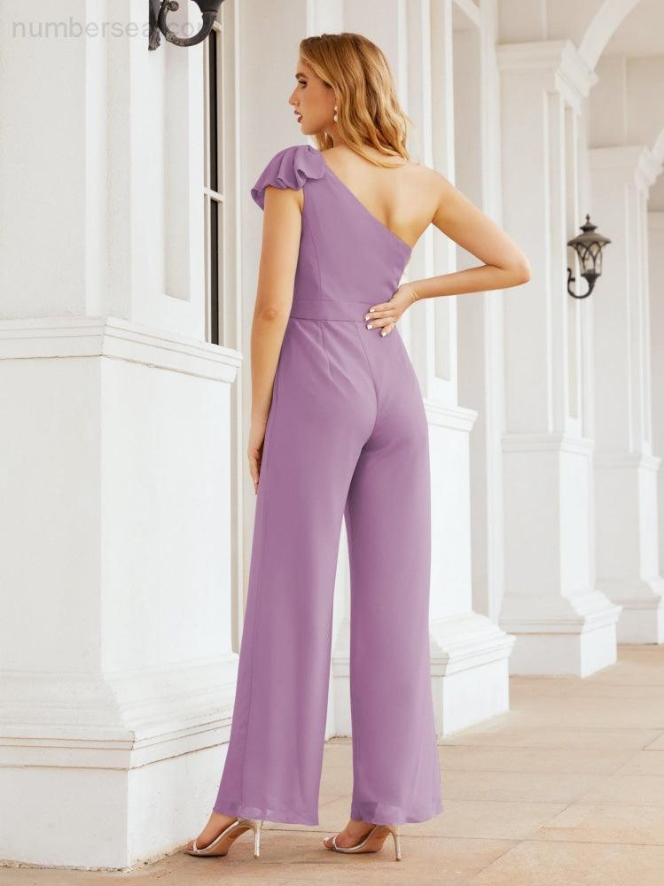 Numbersea Womens One Shoulder Chiffon Long Jumpsuit Formal Evening Dress Bridesmaid Dresses Pants