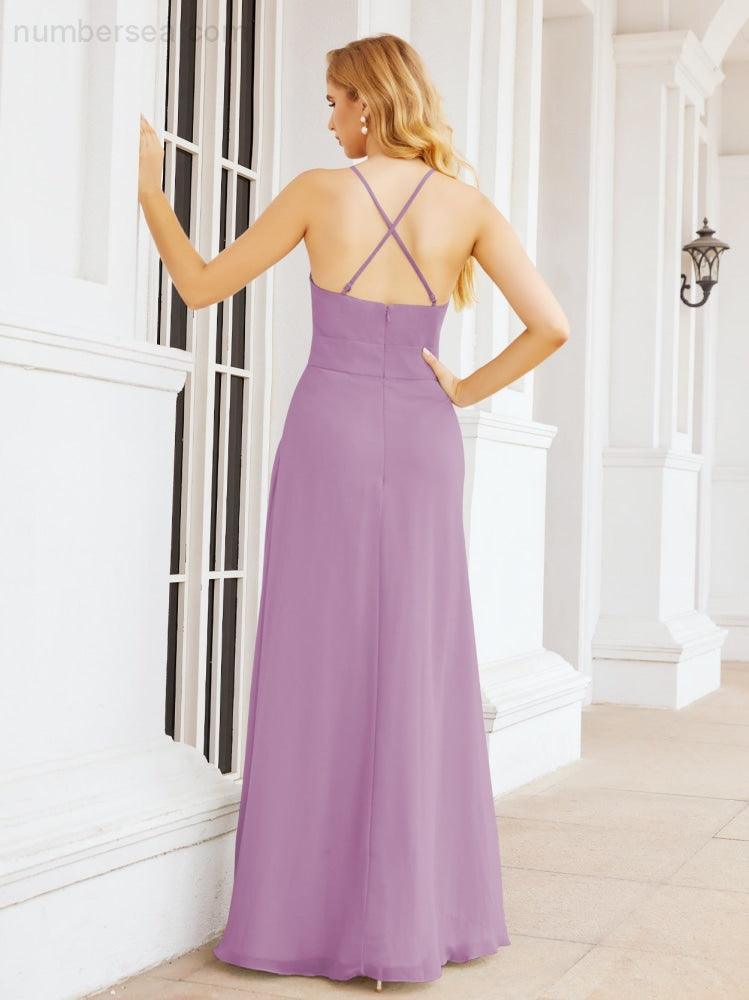 Numbersea Halter Bridesmaid Dresses with Pockets Sleeveless Formal Evening Party Prom Gowns 28055-numbersea