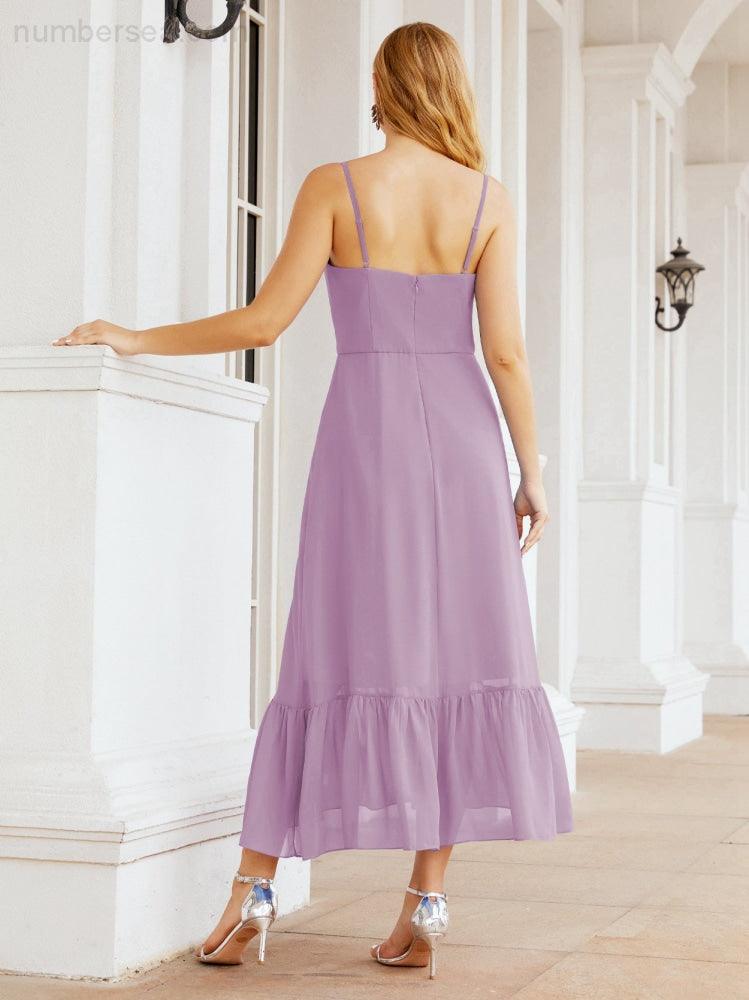 Numbersea Women Strap Chiffon Bridesmaid Dress Ankle Length Sleeveless Blackless Ruffle A Line