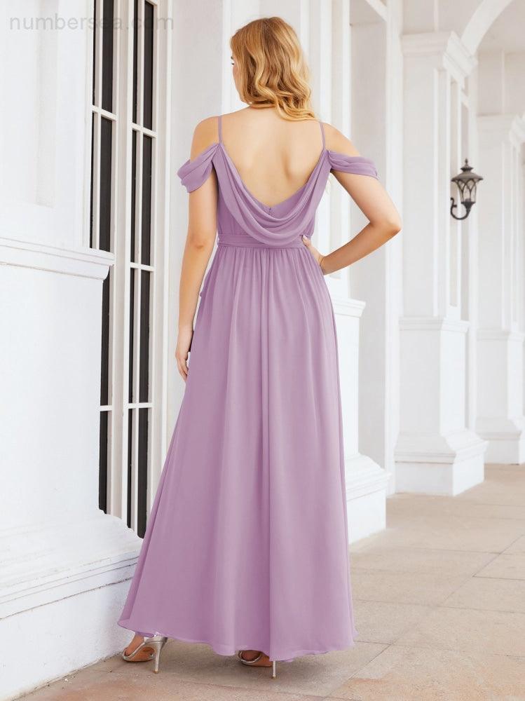Numbersea Off The Shoulder Chiffon Bridesmaid Dress Long Formal Graduation Gown with Cowl Back 28069-numbersea