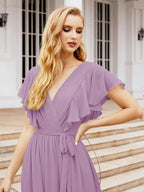 Numbersea Women's Open Back Formal Evening Party Prom Gowns V-Neck Long Chiffon Bridesmaid Dresses with Waist Belt 28038-numbersea
