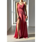 Simple A-line Sexy V-neck Straps Long Prom Party Dress with Slit