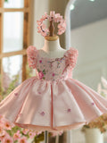 Vestido rosa para niña con bordado floral, lentejuelas y tul hasta la rodilla 