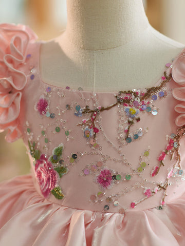 Floral Embroidery Sequins Tulle Knee-length Pink Baby Girl Dress