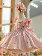 Vestido rosa para niña con bordado floral, lentejuelas y tul hasta la rodilla 