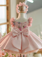 Vestido rosa para niña con bordado floral, lentejuelas y tul hasta la rodilla 
