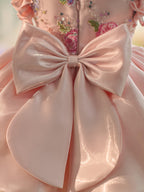 Vestido rosa para niña con bordado floral, lentejuelas y tul hasta la rodilla 