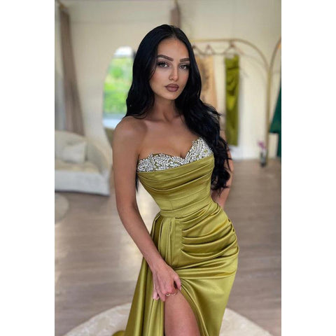 Sweetheart Strapless Beaded Ruched Satin Sheath Long Evening Prom Dress