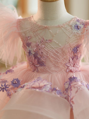 Vestido de tul hasta la rodilla con mangas abullonadas y bordado floral para niña 