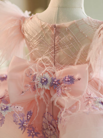 Vestido de tul hasta la rodilla con mangas abullonadas y bordado floral para niña 