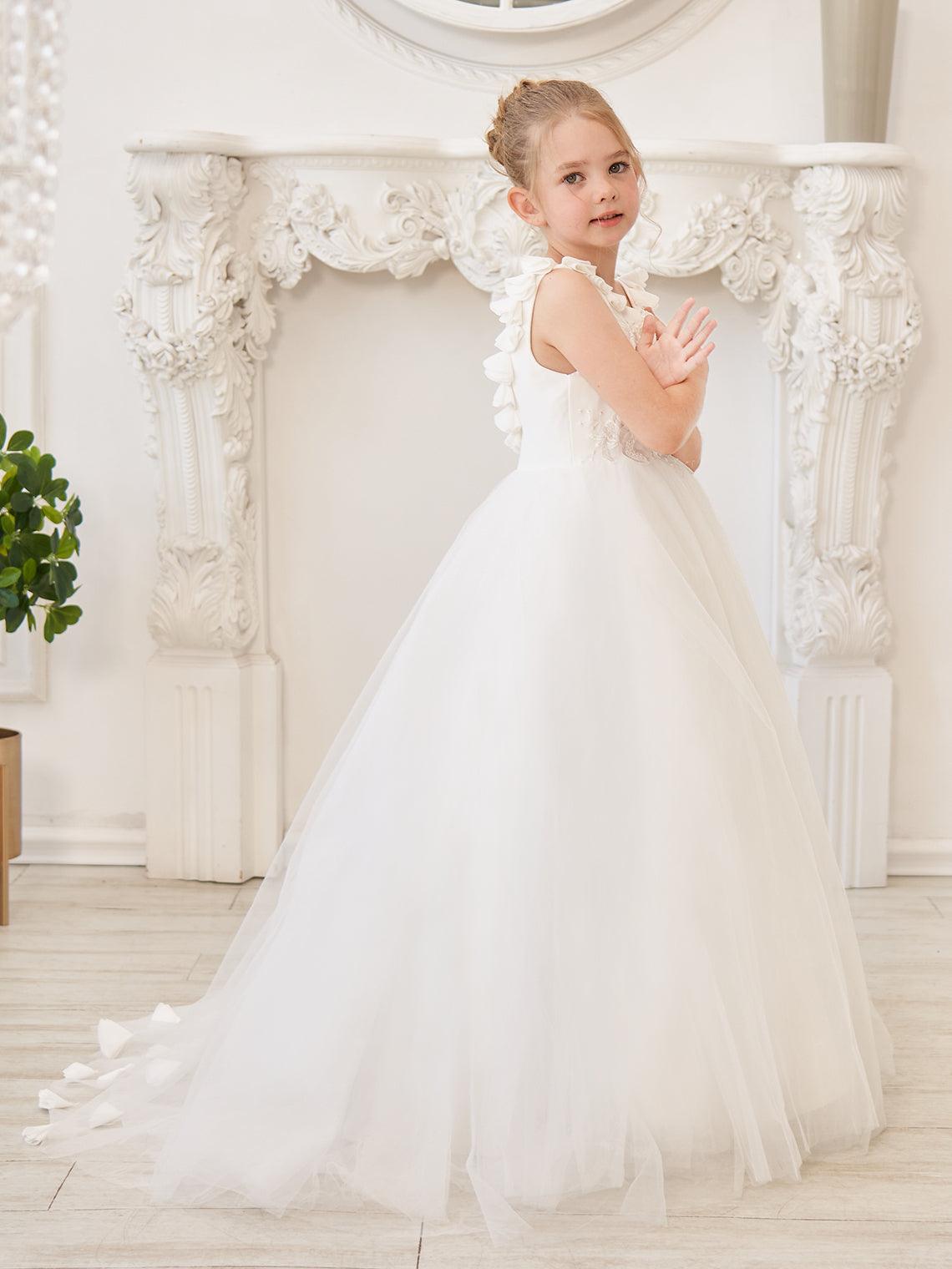 Elegante vestido de niña de las flores de tul blanco con cola larga 