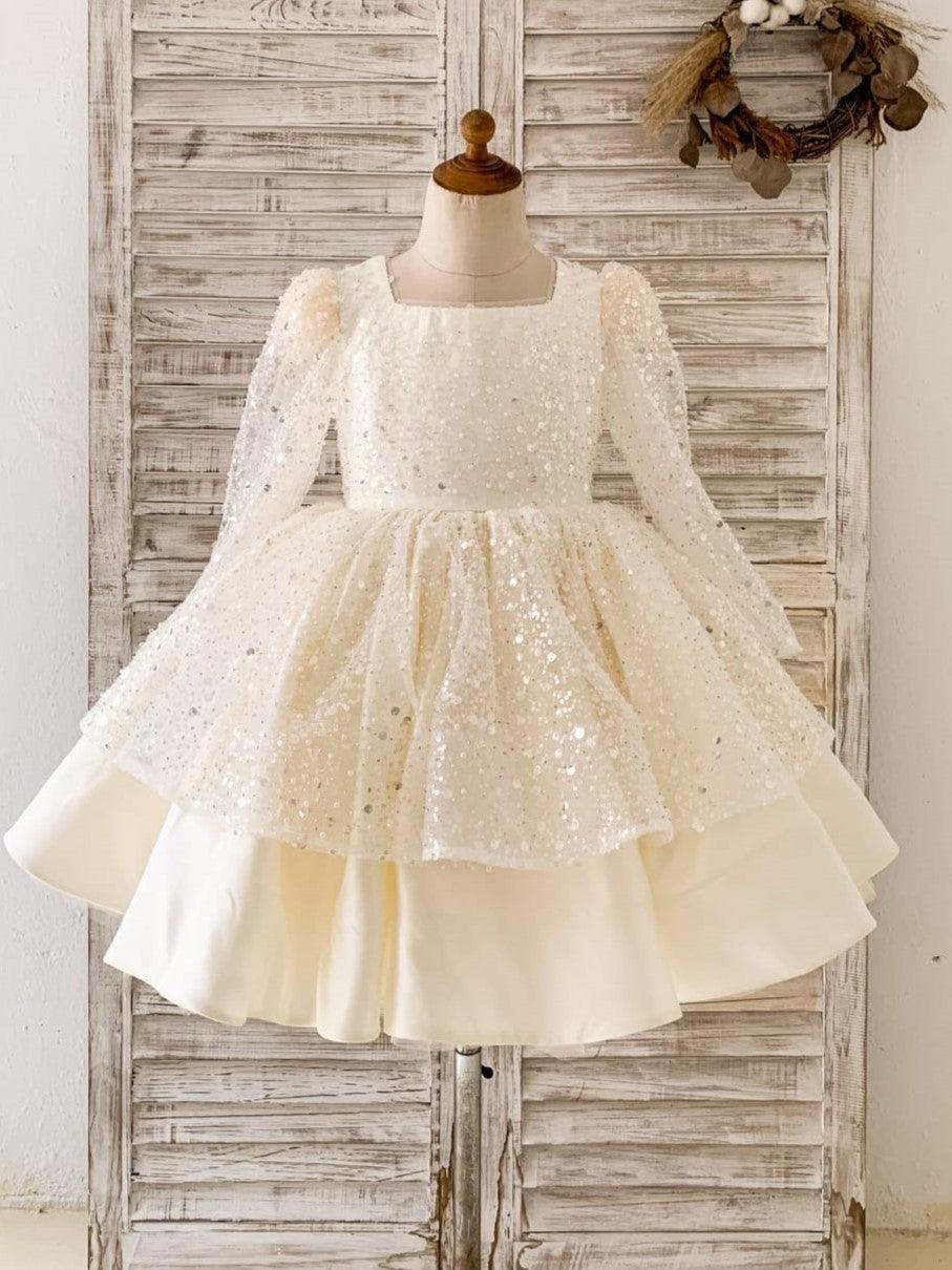 Vestido de cumpleaños para niña color marfil hasta la rodilla de satén 