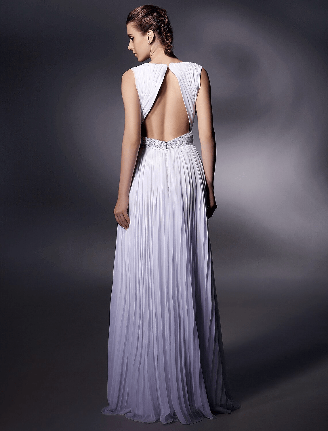 Etui-/Säulenkleid im Promi-Stil, Ballkleid, bodenlang, ärmellos, tiefer Ausschnitt, Chiffon mit Perlenbesatz, Drapierung