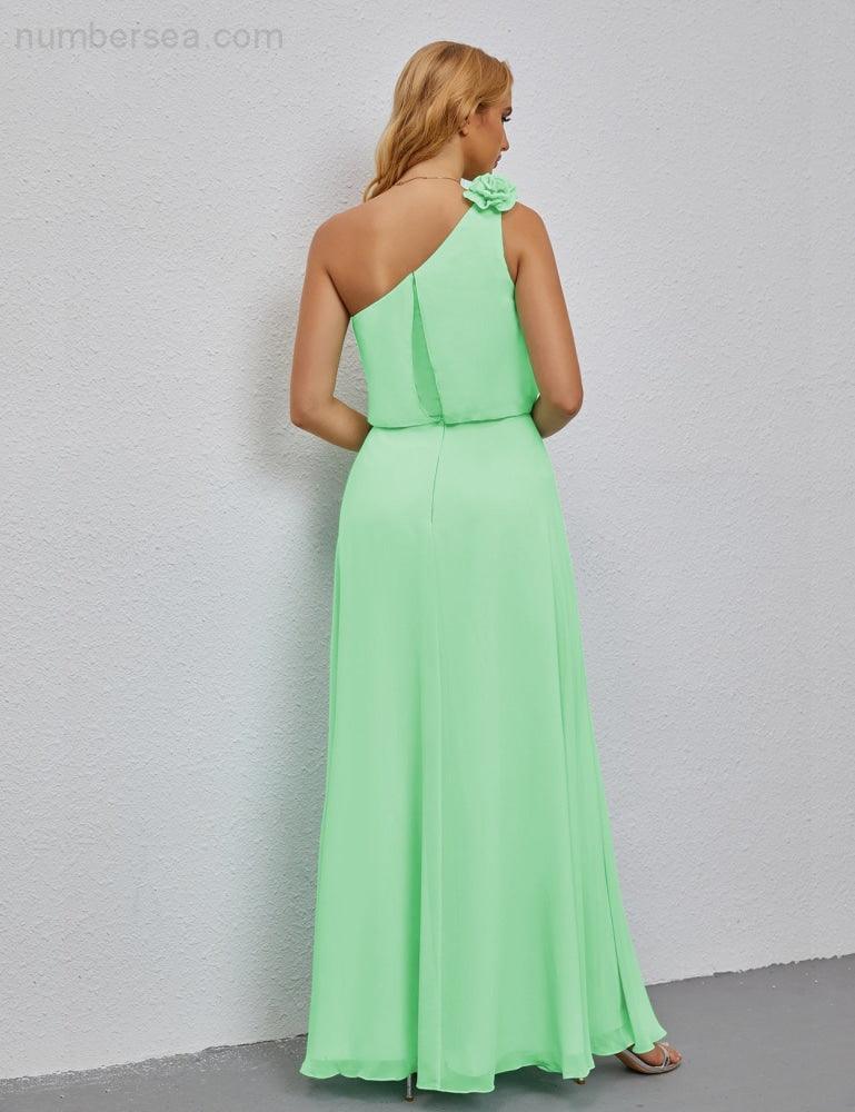 Ruffled One Shoulder Sleeveless Long Bridesmaid Dresses A-line Formal Evening Gown Side Split 28080-numbersea
