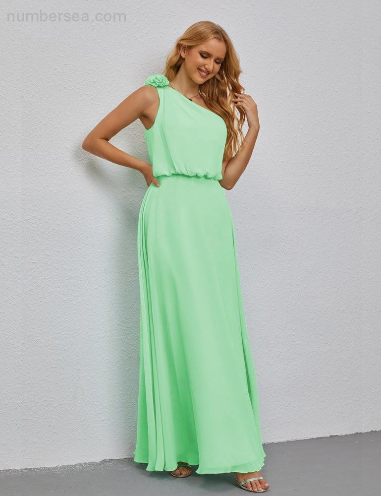 Ruffled One Shoulder Sleeveless Long Bridesmaid Dresses A-line Formal Evening Gown Side Split 28080-numbersea
