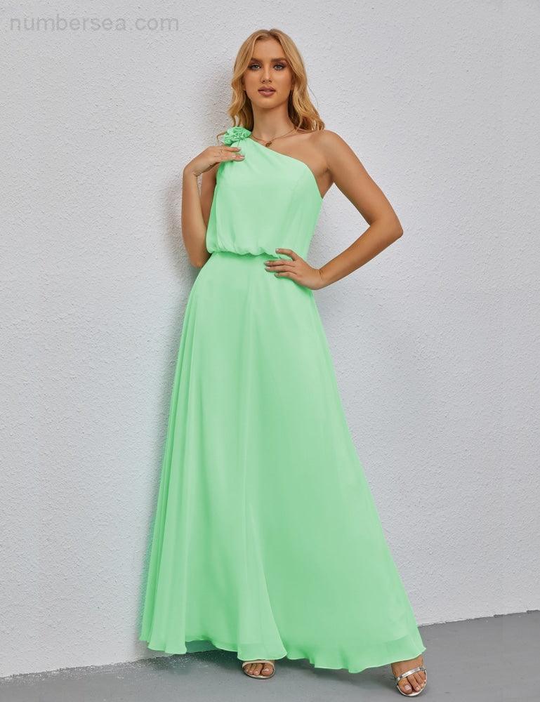 Ruffled One Shoulder Sleeveless Long Bridesmaid Dresses A-line Formal Evening Gown Side Split 28080-numbersea