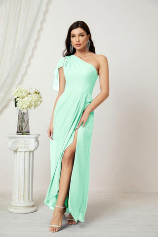 Numbersea Chiffon Ruffled One Shoulder Long Bridesmaid Dresses A-line Formal Evening Gown Side Split 2809-numbersea