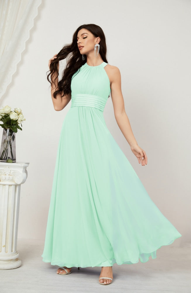 Numbersea Formal Party Gown Dress Chiffon Halter Long Sleeveless Bridesmaid Dresses 2802 Mint Green
