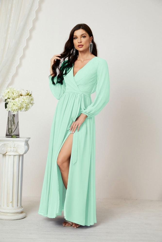 Numbersea Evening Dresses Deep V-Neck Chiffon Bridesmaid Dresses Long Bishop Sleeve Side Split Formal Dress 2806-numbersea