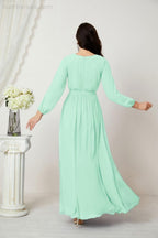 Numbersea Evening Dresses Deep V-Neck Chiffon Bridesmaid Dresses Long Bishop Sleeve Side Split Formal Dress 2806-numbersea