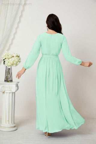 Numbersea Evening Dresses Deep V-Neck Chiffon Bridesmaid Dresses Long Bishop Sleeve Side Split Formal Dress 2806-numbersea