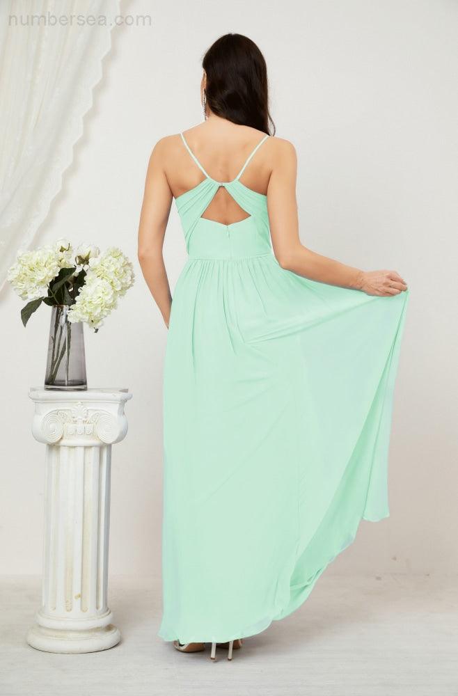 Numbersea Neck Bridesmaid Dresses Chiffon Long Spaghetti A-Line Formal Prom Gown For Wedding Party