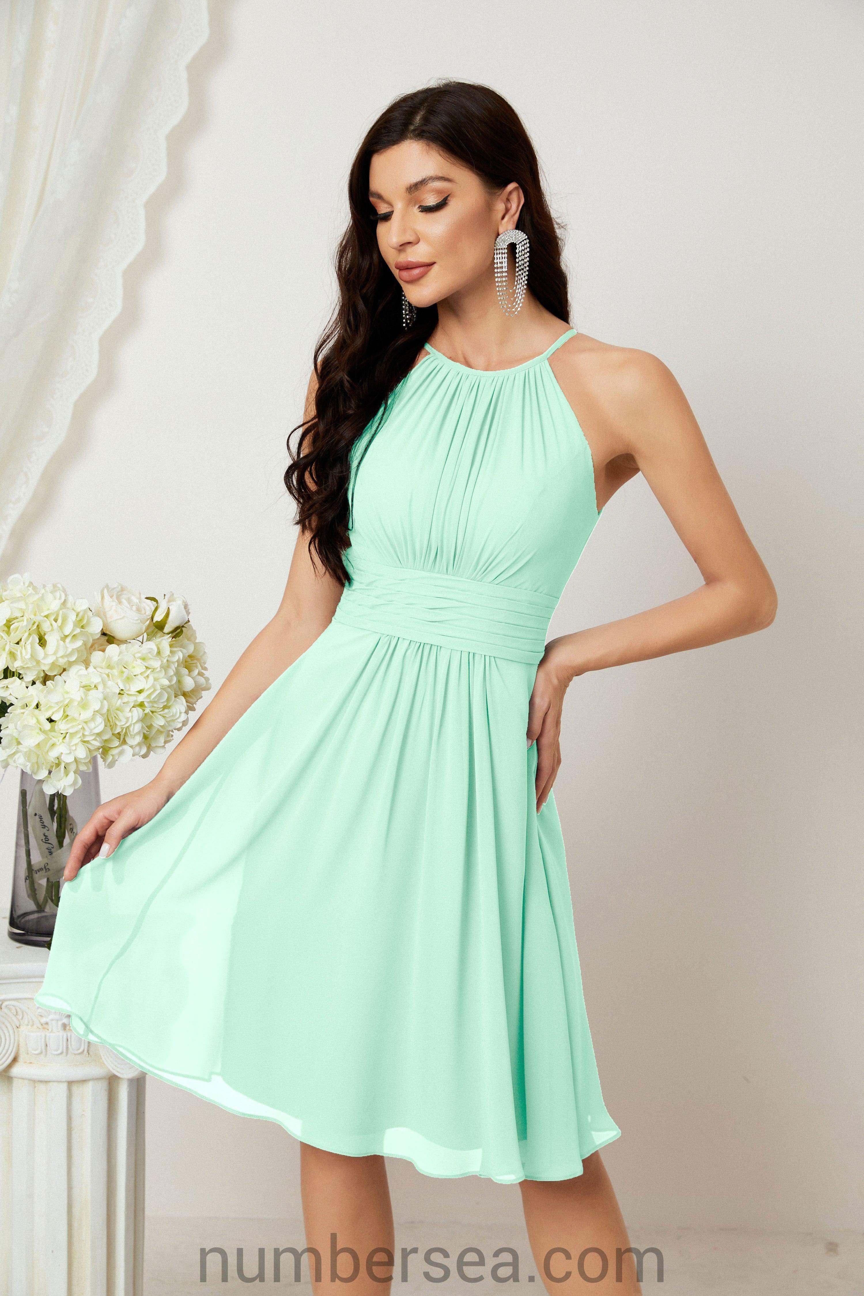 Halter Bridesmaid Dresses Knee Length A Line Formal Evening Party Cocktail Dress 28011
