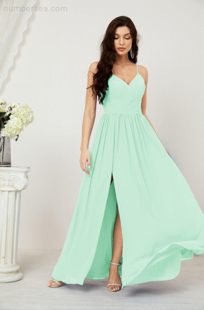 Numbersea Neck Bridesmaid Dresses Chiffon Long Spaghetti A-Line Formal Prom Gown For Wedding Party