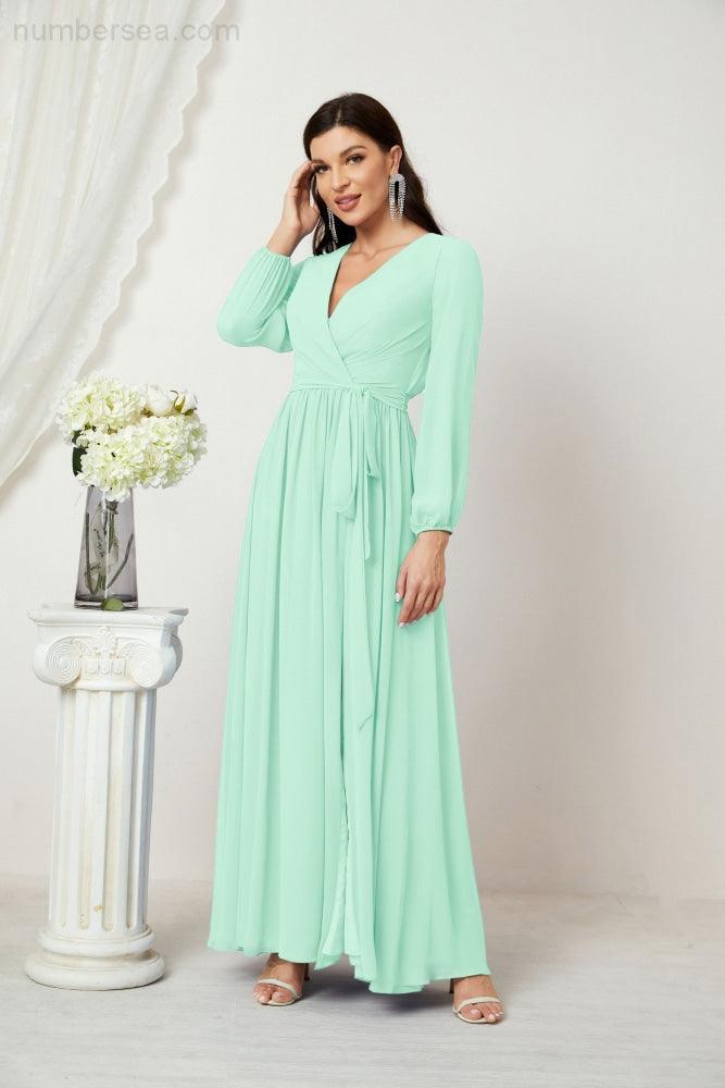 Numbersea Evening Dresses Deep V-Neck Chiffon Bridesmaid Dresses Long Bishop Sleeve Side Split Formal Dress 2806-numbersea