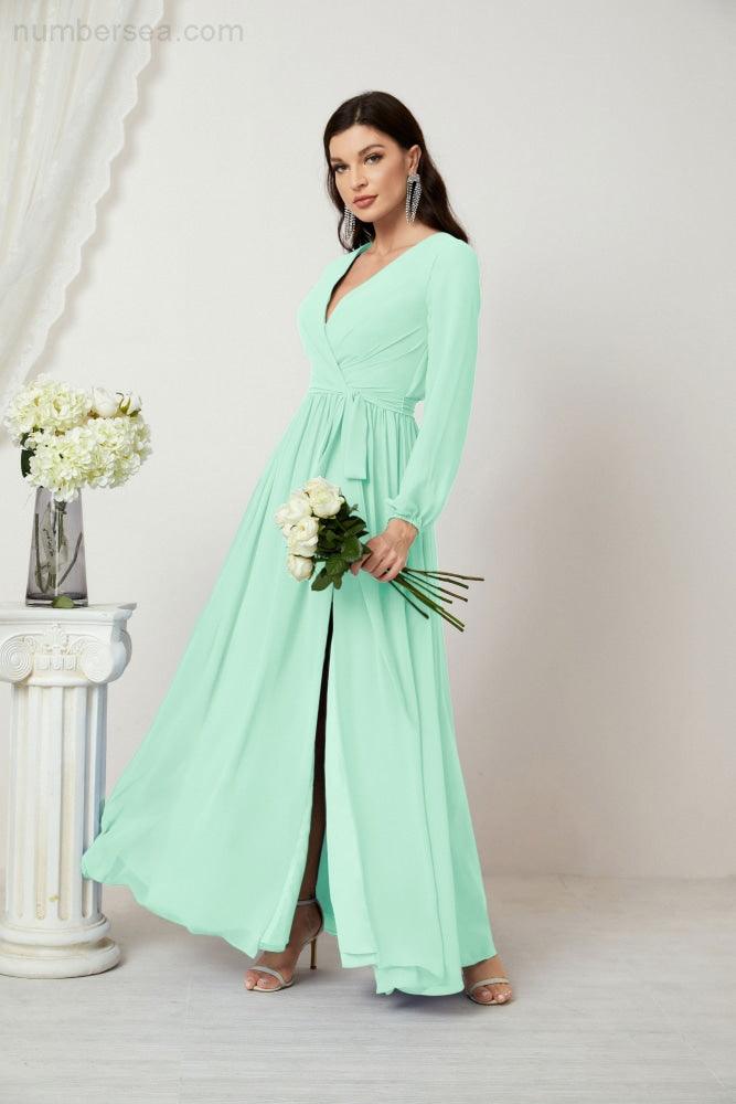 Numbersea Evening Dresses Deep V-Neck Chiffon Bridesmaid Dresses Long Bishop Sleeve Side Split Formal Dress 2806-numbersea