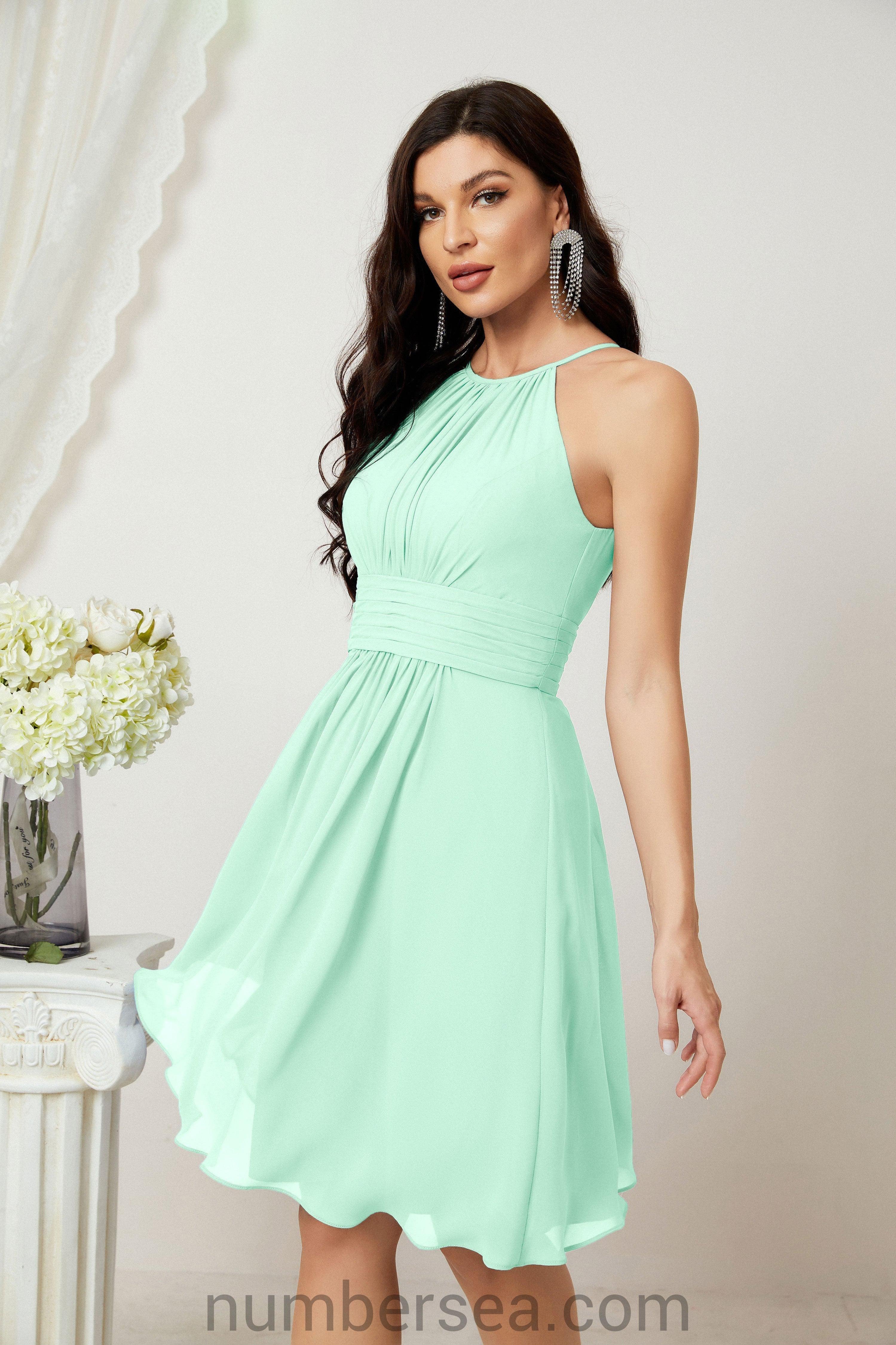 Halter Bridesmaid Dresses Knee Length A Line Formal Evening Party Cocktail Dress 28011