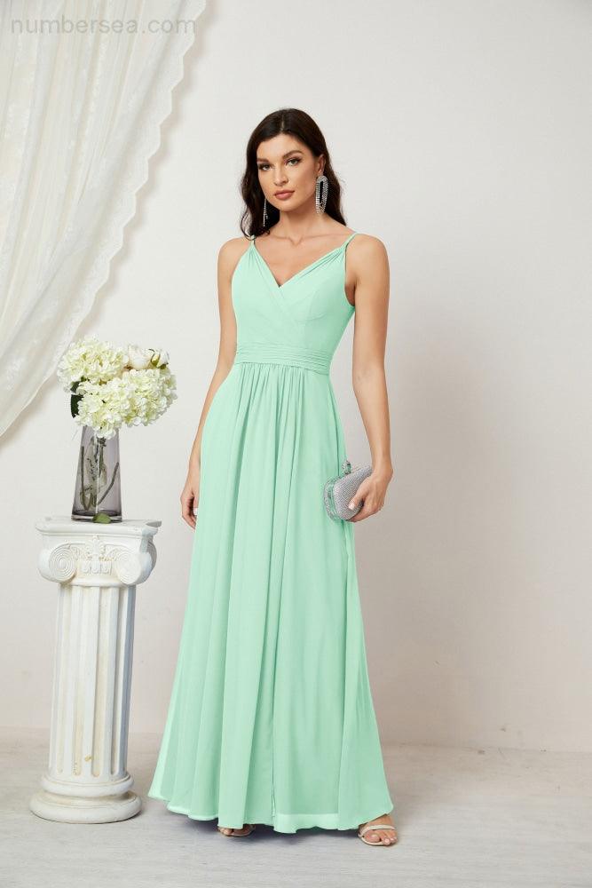 Numbersea Chiffon V-Neck Bridesmaid Dress Spaghetti Strap Long Formal Party Prom Gowns with Slit 28010-numbersea
