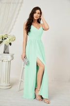 Numbersea Neck Bridesmaid Dresses Chiffon Long Spaghetti A-Line Formal Prom Gown For Wedding Party