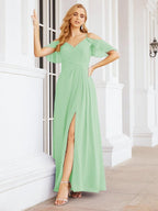 Numbersea Cold Shoulder Long Bridesmaid Dresses Side Slit Formal Prom Gowns Party Wedding 28070-numbersea