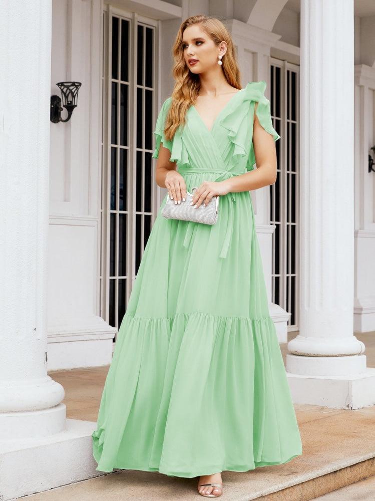 Numbersea Women's Open Back Formal Evening Party Prom Gowns V-Neck Long Chiffon Bridesmaid Dresses with Waist Belt 28038-numbersea