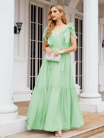 Numbersea Women's Open Back Formal Evening Party Prom Gowns V-Neck Long Chiffon Bridesmaid Dresses with Waist Belt 28038-numbersea