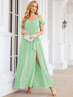 Numbersea Off The Shoulder Chiffon Bridesmaid Dress Long Formal Graduation Gown with Cowl Back 28069-numbersea