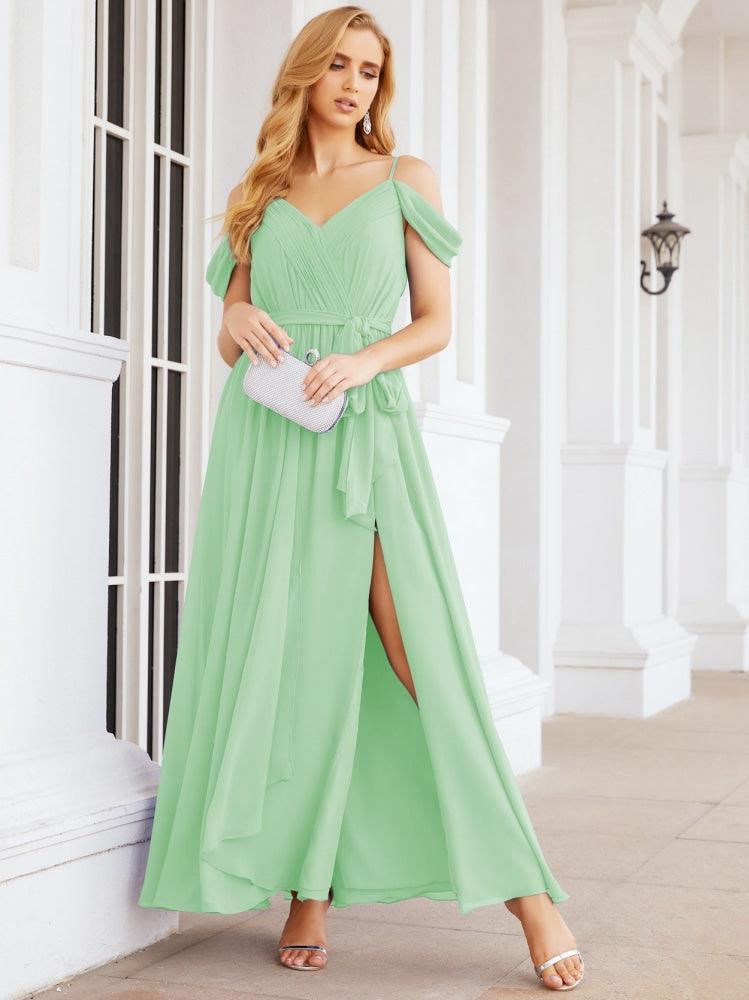 Numbersea Off The Shoulder Chiffon Bridesmaid Dress Long Formal Graduation Gown with Cowl Back 28069-numbersea