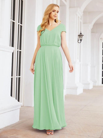 Numbersea V-Neck Bridesmaid Dresses Long Cap Sleeves Prom Evening Formal Gowns 28071-numbersea