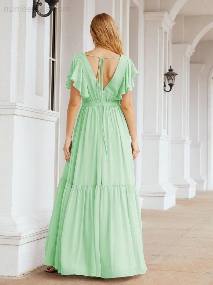 Numbersea Women's Open Back Formal Evening Party Prom Gowns V-Neck Long Chiffon Bridesmaid Dresses with Waist Belt 28038-numbersea