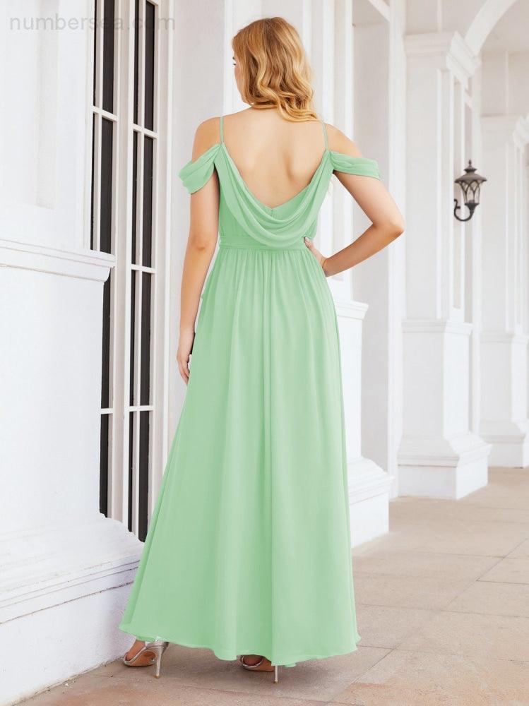Numbersea Off The Shoulder Chiffon Bridesmaid Dress Long Formal Graduation Gown with Cowl Back 28069-numbersea
