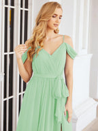 Numbersea Off The Shoulder Chiffon Bridesmaid Dress Long Formal Graduation Gown with Cowl Back 28069-numbersea