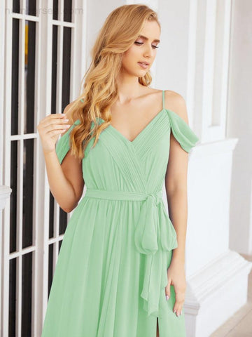 Numbersea Off The Shoulder Chiffon Bridesmaid Dress Long Formal Graduation Gown with Cowl Back 28069-numbersea