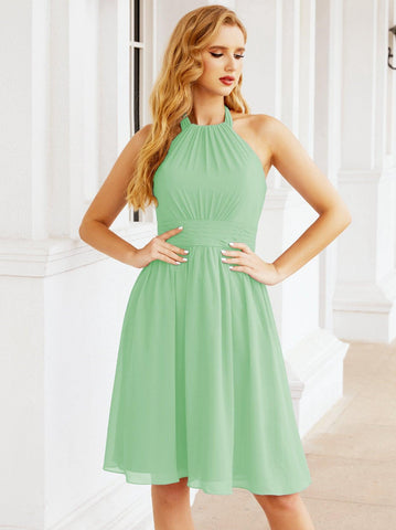 Numbersea Halter Chiffon Vestidos de dama de honor Cortos Sin mangas Vestido de fiesta formal Espalda abierta 28023 