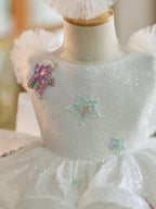 Vestido de tul blanco con lentejuelas hasta la rodilla para fiesta de primer cumpleaños 