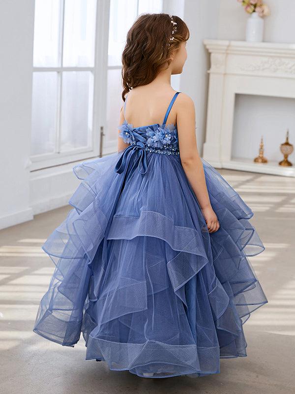 Schieferblaues ärmelloses A-Linien-Prinzessinnenkleid aus Tüll für Blumenmädchen 